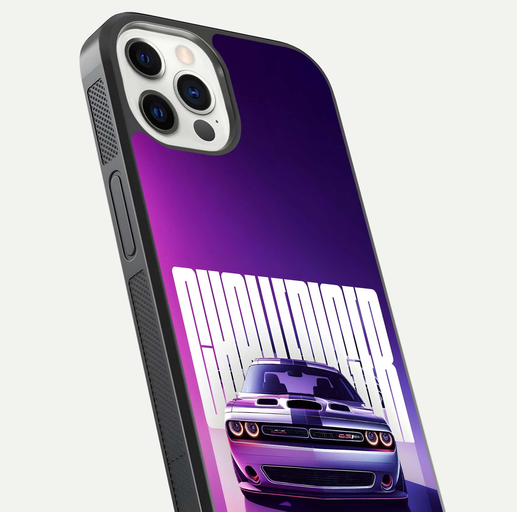 Midnight Muscle Ride Glass Case for iPhone 12 Pro close-up angled shot showing HD reflections and car details