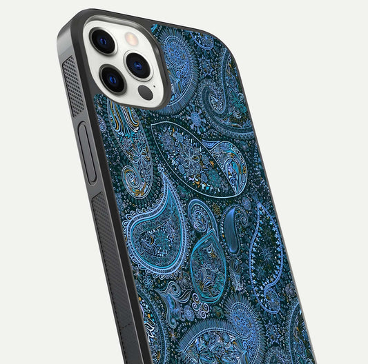 Midnight Paisley Glow Glass Case for iPhone 12 Pro close-up angled shot showing floral details and gloss texture