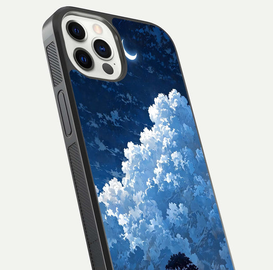 Midnight Sky Serenity Glass Case for iPhone 12 Pro close-up angled shot showing starlit tones and reflection