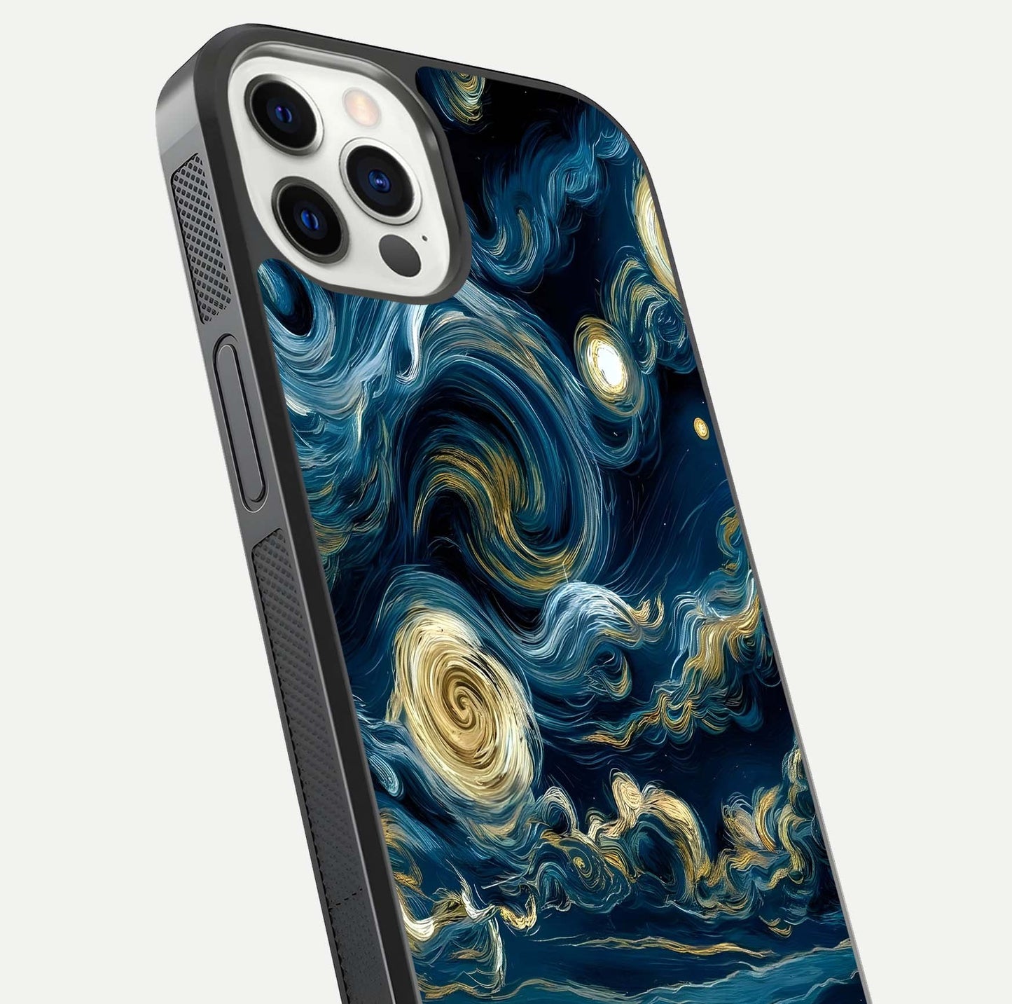 Midnight Sky Whirl Glass Case for iPhone 12 Pro close-up angle showing spiral design and HD gloss reflection