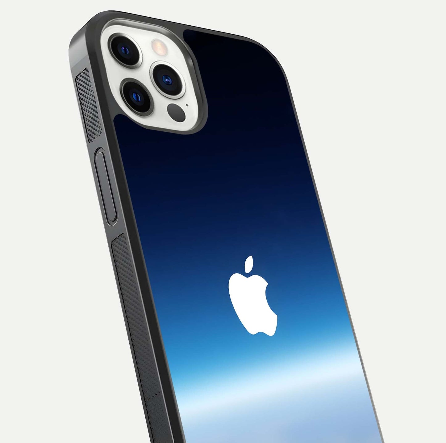 Minimal Apple Sky Glass Case for iPhone 12 Mini close-up angled shot showing pastel blue hues and reflection