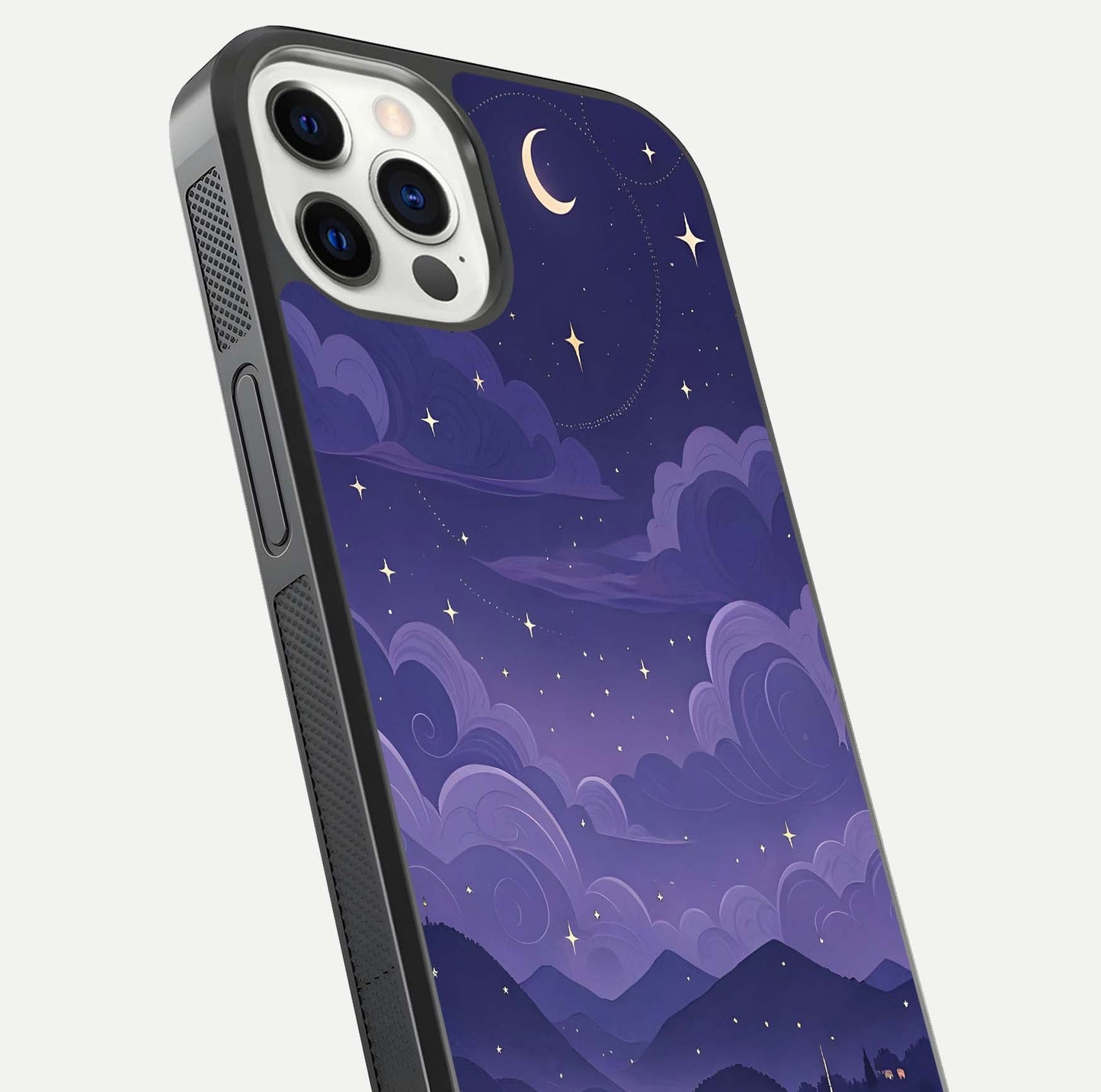 Minimal Night View Glass Case for iPhone 12 Mini close-up angled shot showing lights reflection and dark tone details