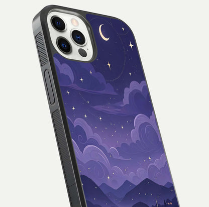 Minimal Night View Glass Case for iPhone 12 Mini close-up angled shot showing lights reflection and dark tone details