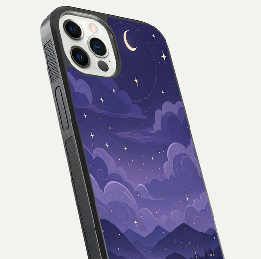 Minimal Night View Glass Case for iPhone 12 Mini close-up angled shot showing lights reflection and dark tone details
