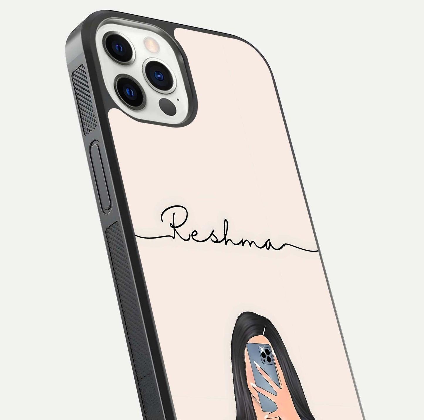 Mirror Mood Muse Custom Name Glass Case for iPhone 12 Pro close-up angled shot highlighting gloss and mirror depth