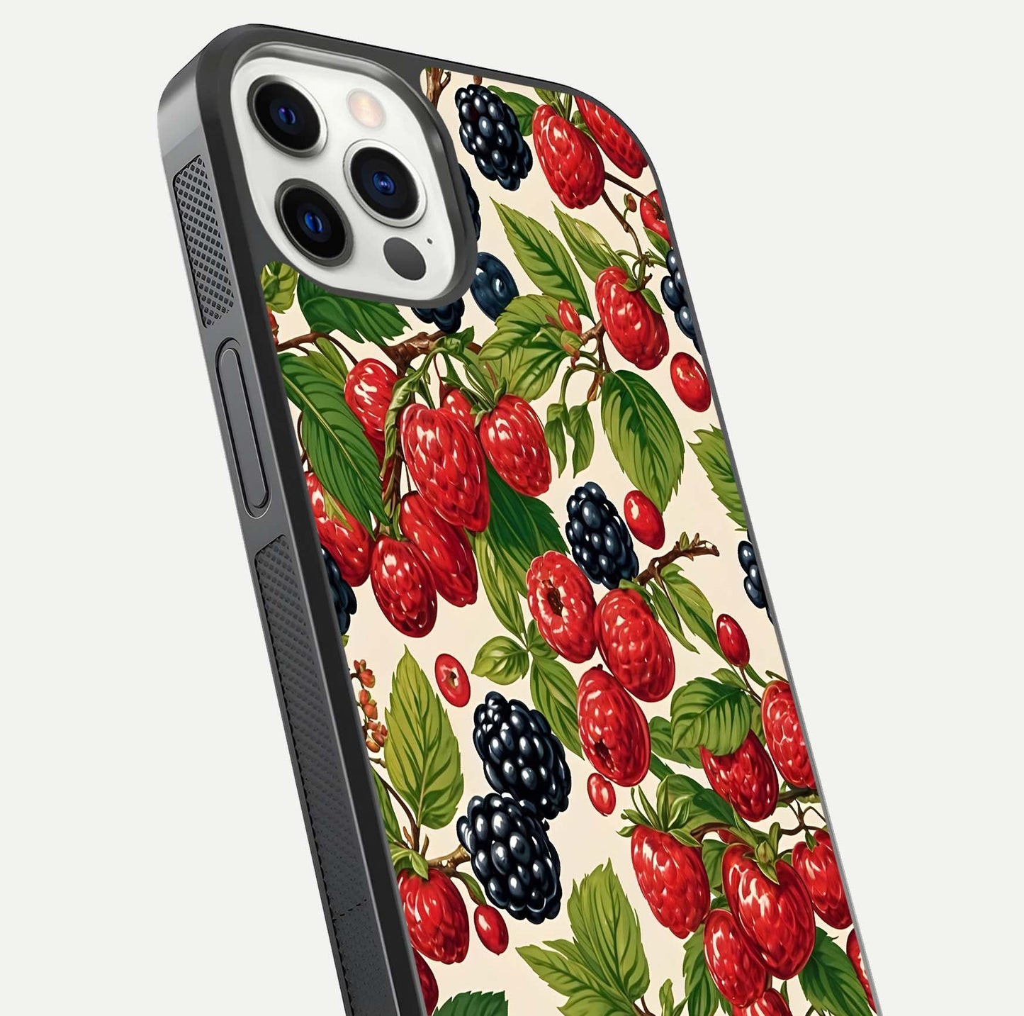 Mixed Berry Collage Glass Case for iPhone 12 Pro close-up angled shot showing fruit detail and reflection glow