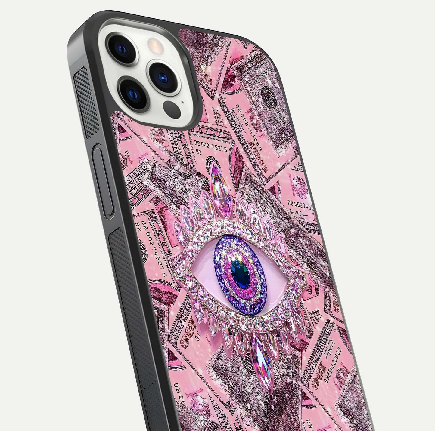 Money Eye Luxe Glass Case for iPhone 12 Pro close-up angled shot showing gold detailing and reflection shine