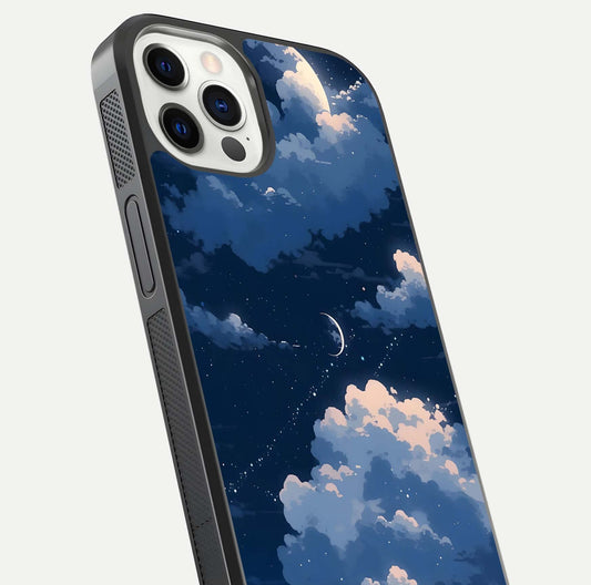 Moon Dream Haze Glass Case for iPhone 12 Pro close-up angled shot showing moon reflection and subtle glow