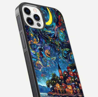 Moonlight Harbor Glow Glass Case for iPhone 12 Pro close-up angled shot showing reflection and moonlight glow