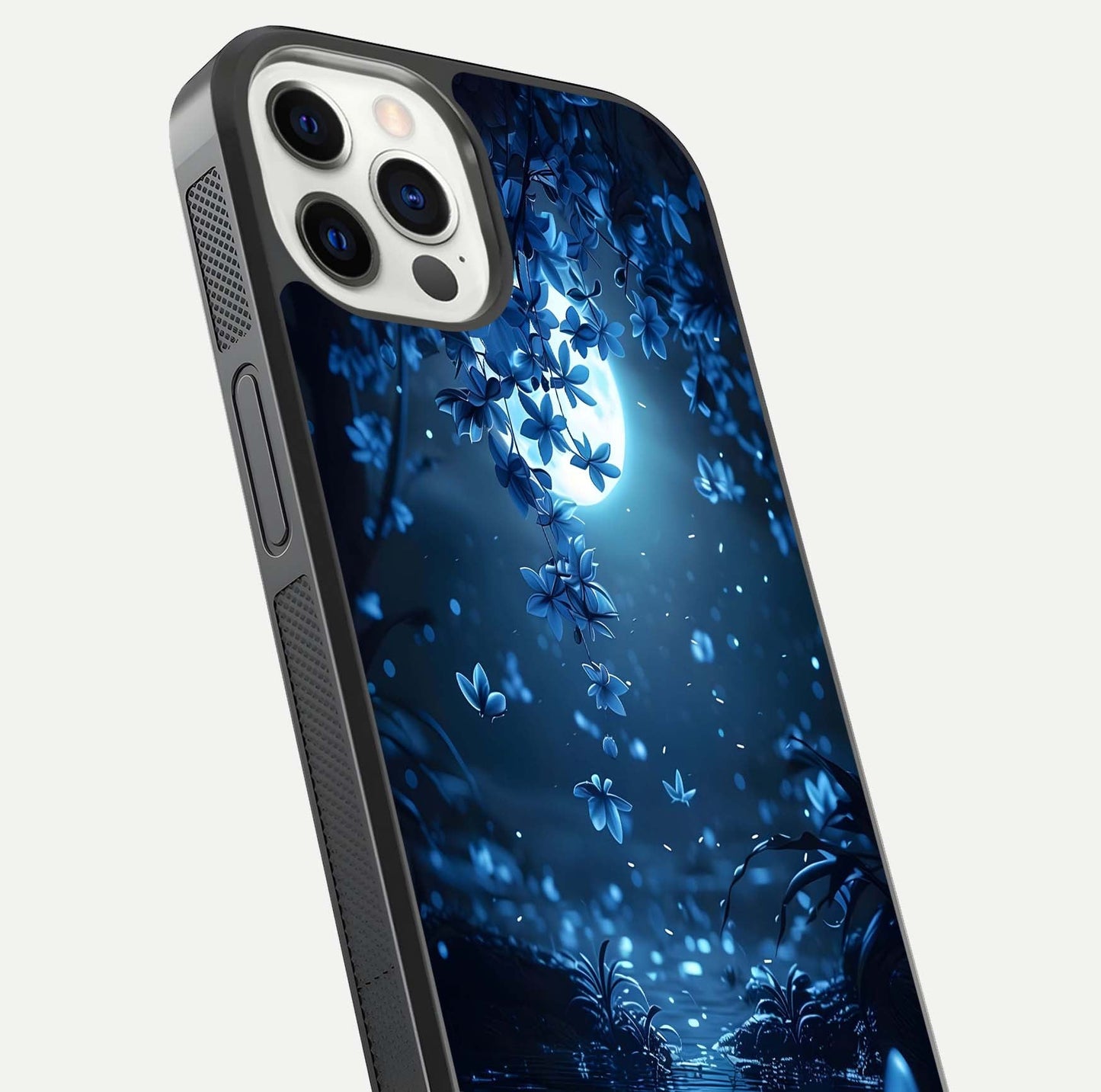 Moonlight Petal Dream Glass Case for iPhone 12 Pro close-up angled shot showing petal reflection and glow texture