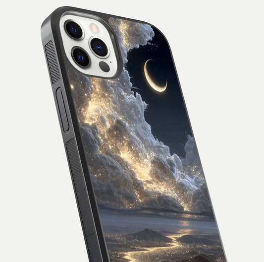 Moonlight Spark Path Glass Case for iPhone 12 Pro close-up angled shot showing glowing stars and reflection