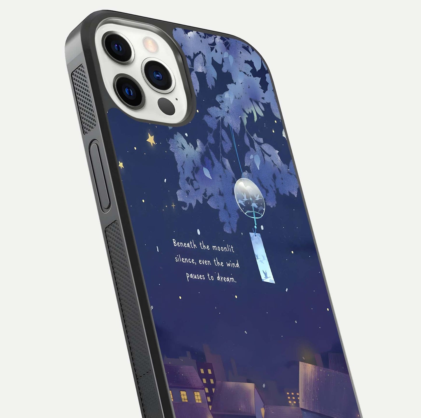 Moonlit Cat Silence Glass Case for iPhone 12 Pro close-up angled shot showing soft glow and reflection texture