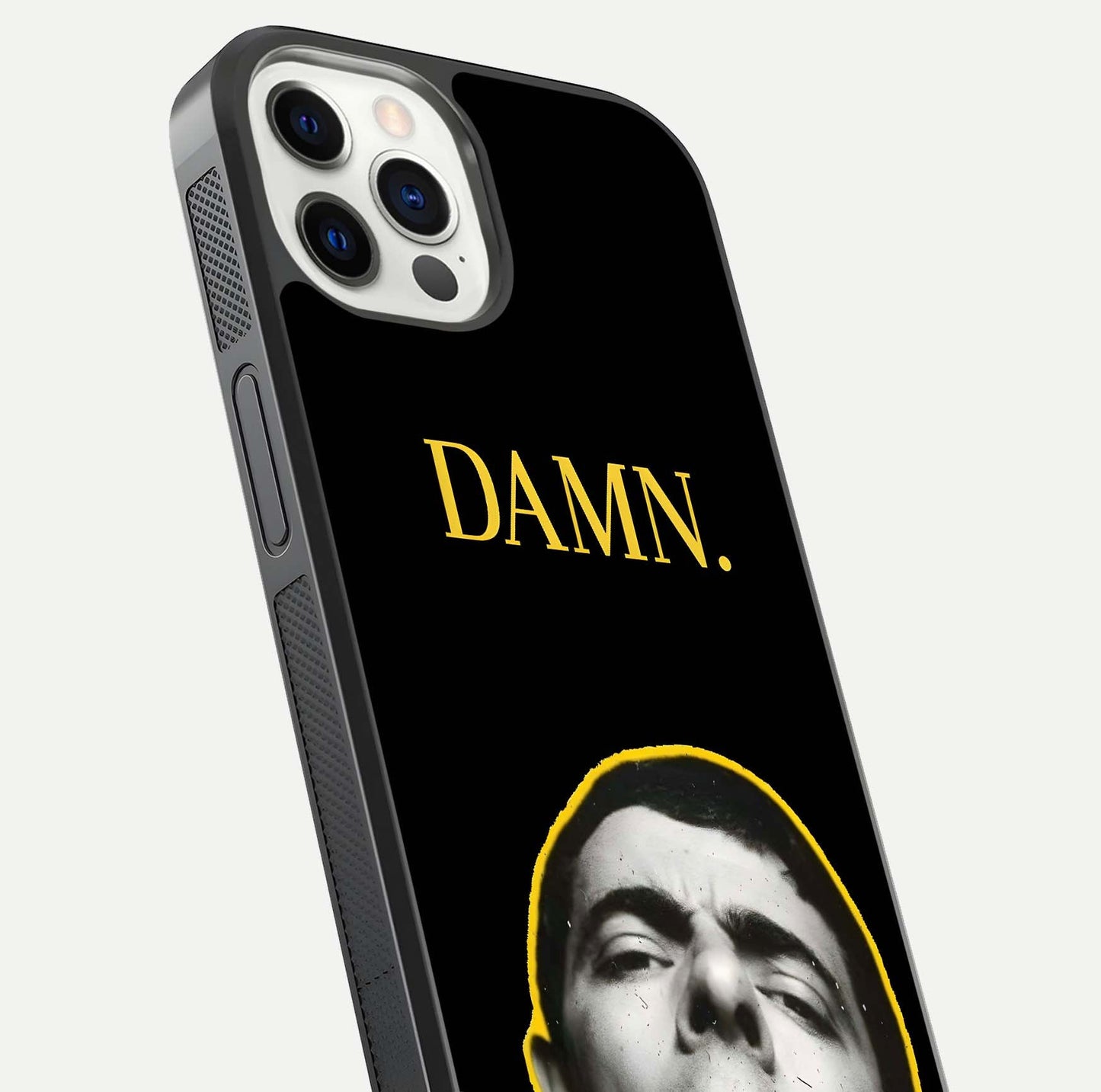 Mr Bean Damn Glass Case for iPhone 12 Pro close-up angled shot highlighting comic expression and shine detail