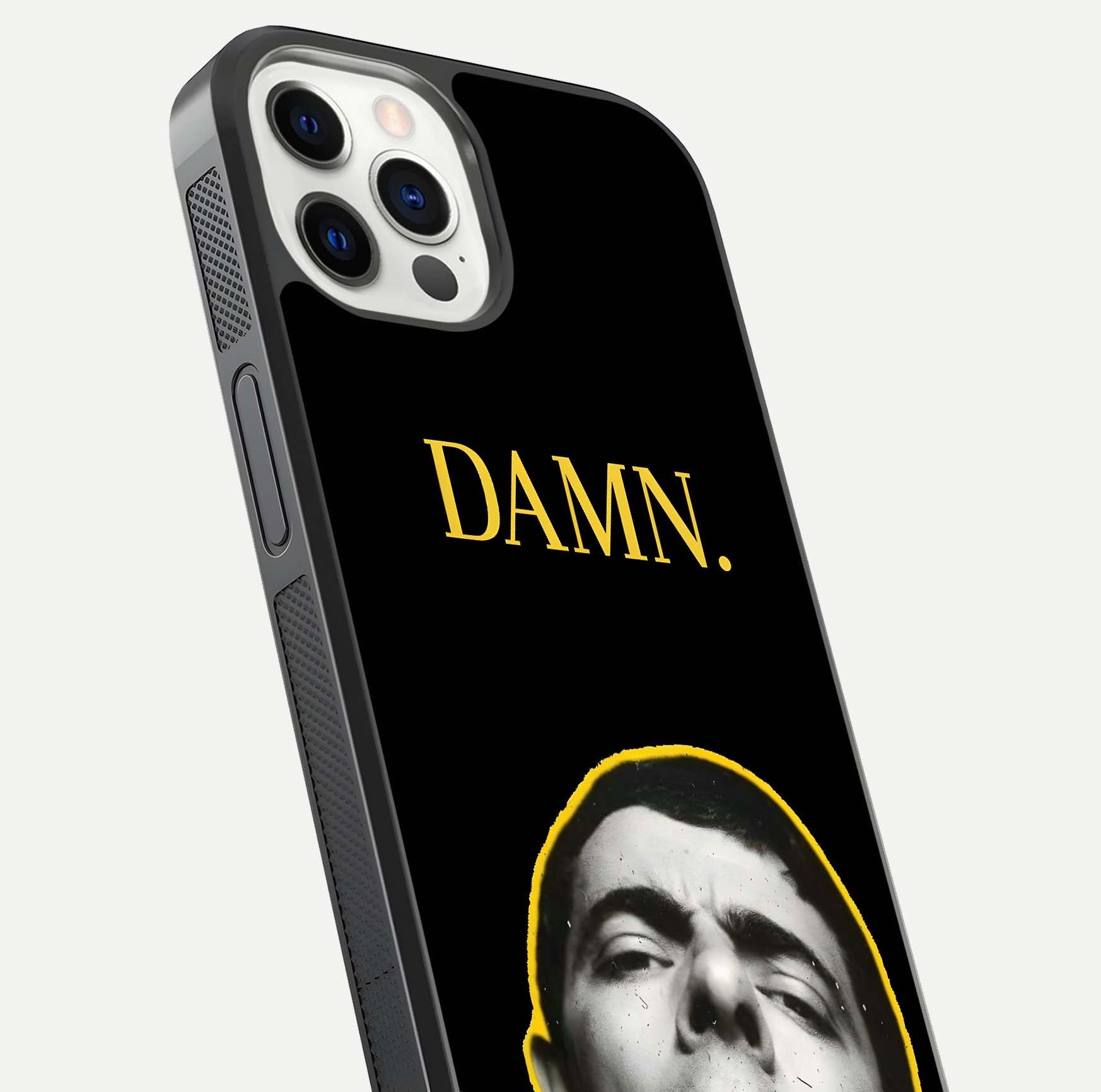 Mr Bean Damn Glass Case for iPhone 12 Pro close-up angled shot highlighting comic expression and shine detail