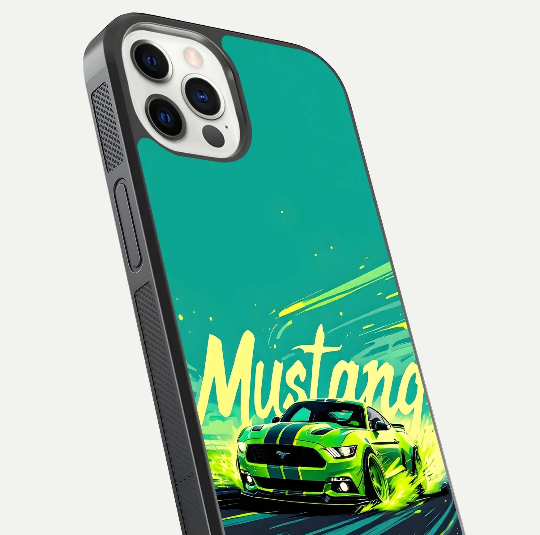 Mustang Bang Glass Case for iPhone 12 Pro close-up angled shot showing car emblem and HD reflection