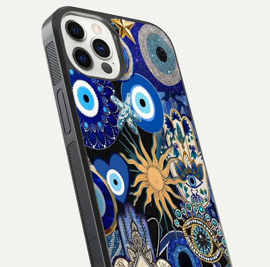Mystic Blue Evil Eye Glass Case for iPhone 12 Pro close-up angled shot highlighting mystical glow and HD reflection