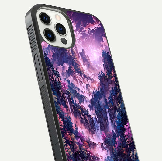 Mystic Cascade Peaks Glass Case for iPhone 12 Pro close-up angled shot showing peak reflections and color gradient