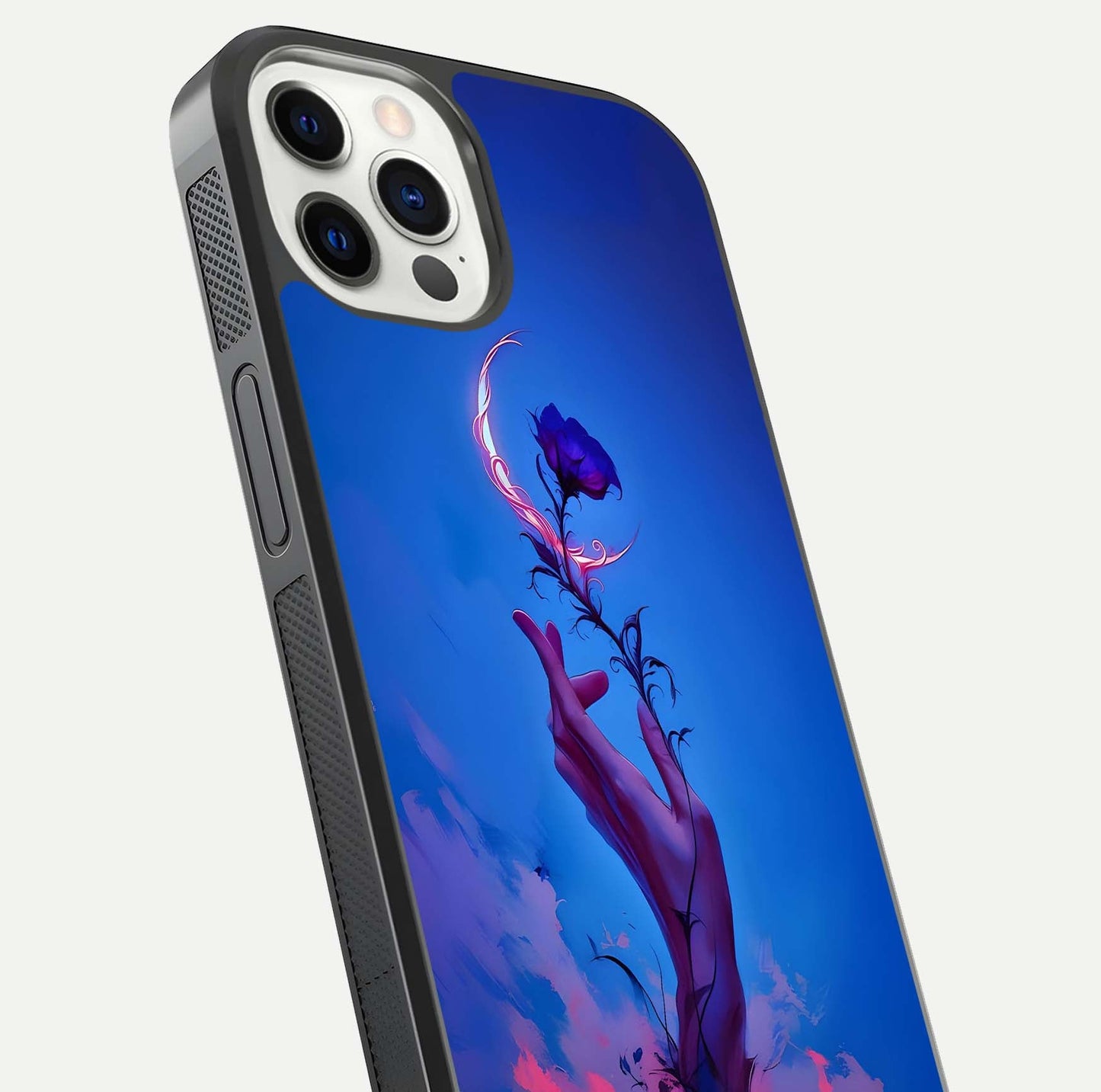 Mystic Hand Glass Case for iPhone 12 Pro close-up angled shot showing spiritual markings and reflection