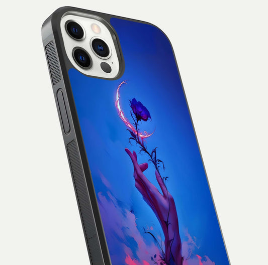 Mystic Hand Glass Case for iPhone 12 Pro close-up angled shot showing spiritual markings and reflection