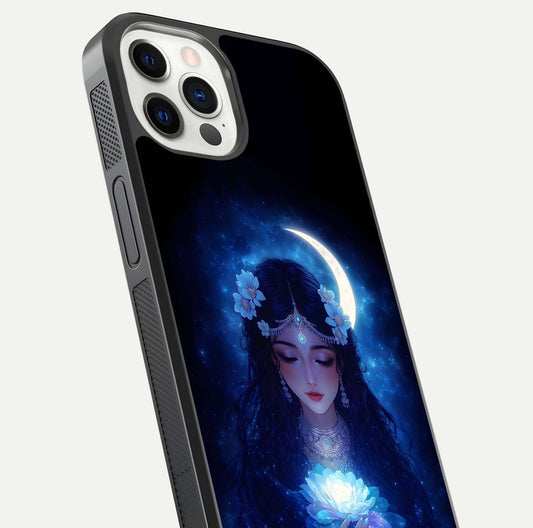 Mystic Moon Queen Glass Case for iPhone 12 Pro close-up angled shot showing shine and lunar tones