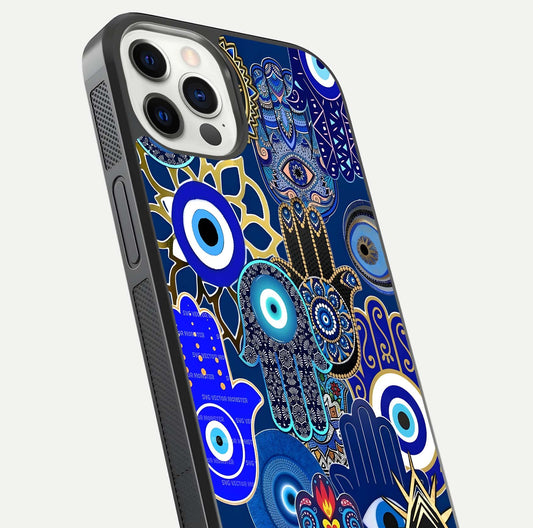 Mystic Palm Guard Glass Case for iPhone 12 Pro close-up angled shot showing eye symbol and fine texture