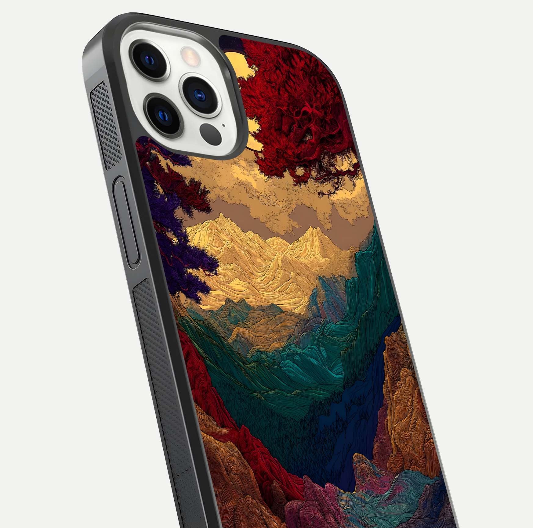 Mystic Valley Light Glass Case for iPhone 12 Pro close-up angled shot highlighting gradient sky and reflection