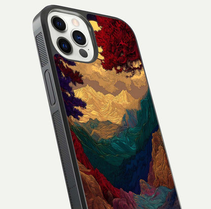 Mystic Valley Light Glass Case for iPhone 12 Pro close-up angled shot highlighting gradient sky and reflection