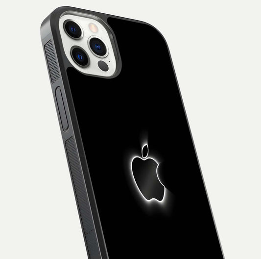 Neon Apple Glow Glass Case for iPhone 12 Pro close-up angled shot highlighting neon reflection and color pop