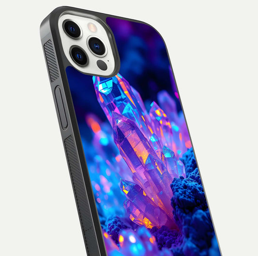 Neon Aura Shards Glass Case for iPhone 12 Pro close-up angled shot highlighting fragment pattern and reflection