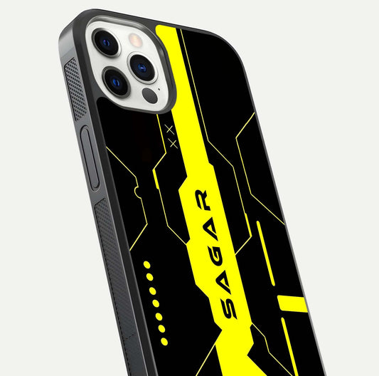 Neon CYBERPUNK Custom Name Glass Case for iPhone 12 Pro close-up angled shot highlighting electric colors and reflection