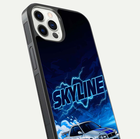 Neon Drift Beast Glass Case for iPhone 12 Pro close-up angled shot highlighting glowing streaks and vivid reflection