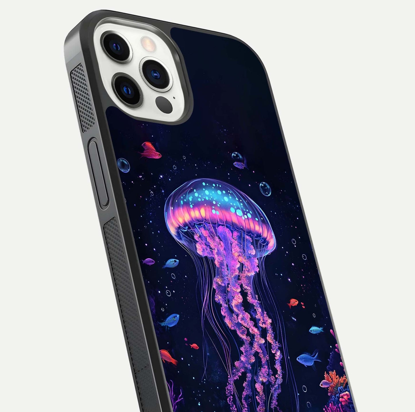 Neon Jellyfish Glass Case for iPhone 12 Pro close-up angled shot showing translucent jellyfish and shine reflection