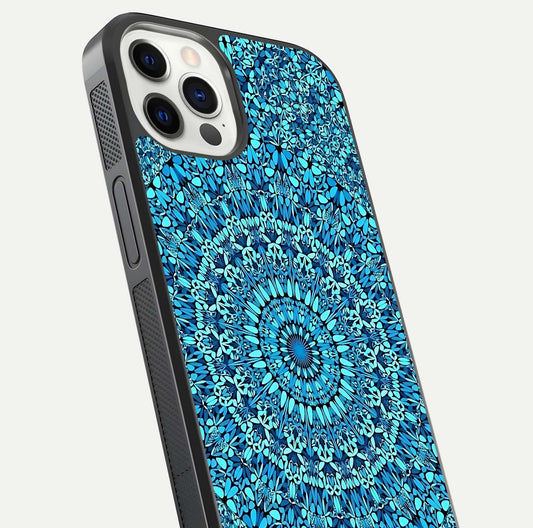 Ocean Bloom Mandala Glass Case for iPhone 12 Pro close-up angled shot highlighting detailed mandala and reflection