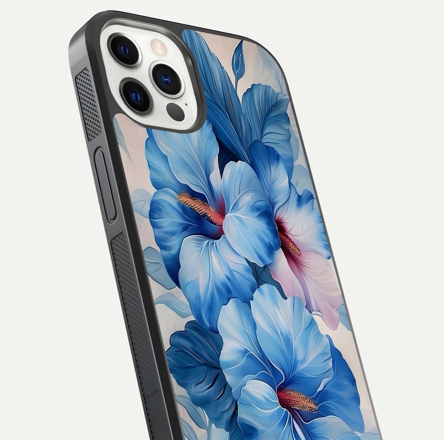 Ocean Hibiscus Grace Glass Case for iPhone 12 Pro close-up angled shot highlighting floral glow and HD shine