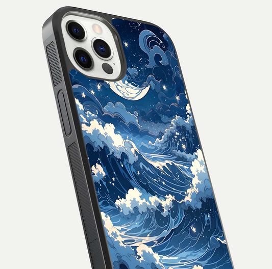 Ocean Moon Waves Glass Case for iPhone 12 Pro close-up angled shot showing HD reflection and calm tones