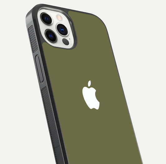 Olive Matte Essence Glass Case for iPhone 12 Mini close-up angled shot showing soft reflection and minimal finish
