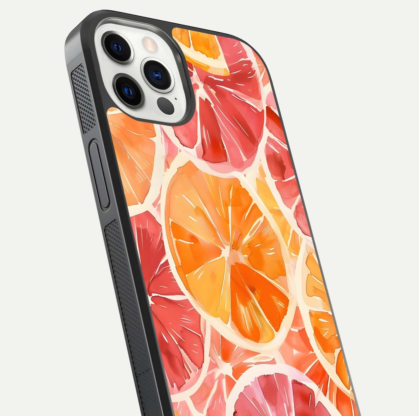 Orange Fruits Pattern Glass Case for iPhone 12 Pro close-up angled shot showing juicy fruit texture and reflection