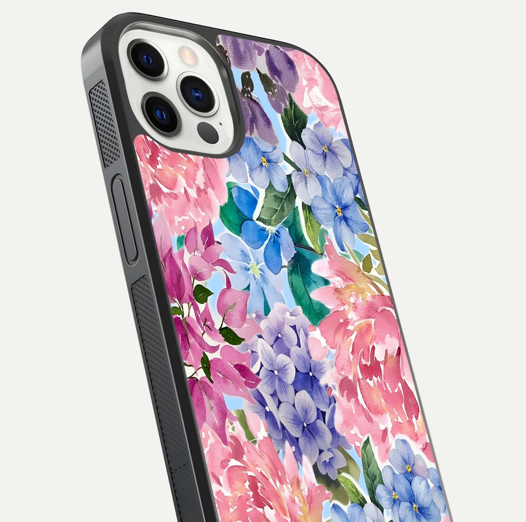 Pastel Floral Mix Glass Case for iPhone 12 Pro close-up angled shot highlighting flower detail and reflection