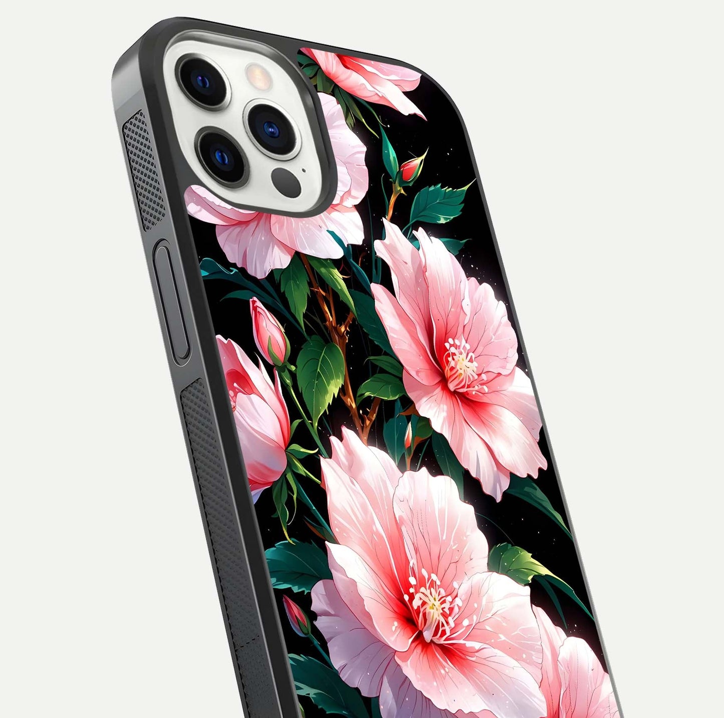 Peach Flower Glass Case for iPhone 12 Pro close-up angled shot highlighting floral petals and HD glass reflection