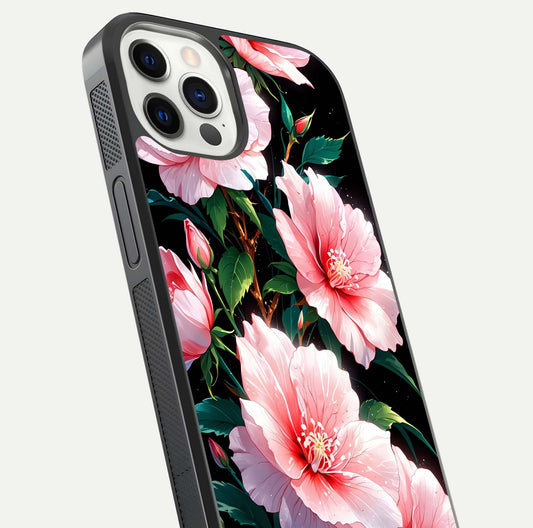 Peach Flower Glass Case for iPhone 12 Pro close-up angled shot highlighting floral petals and HD glass reflection