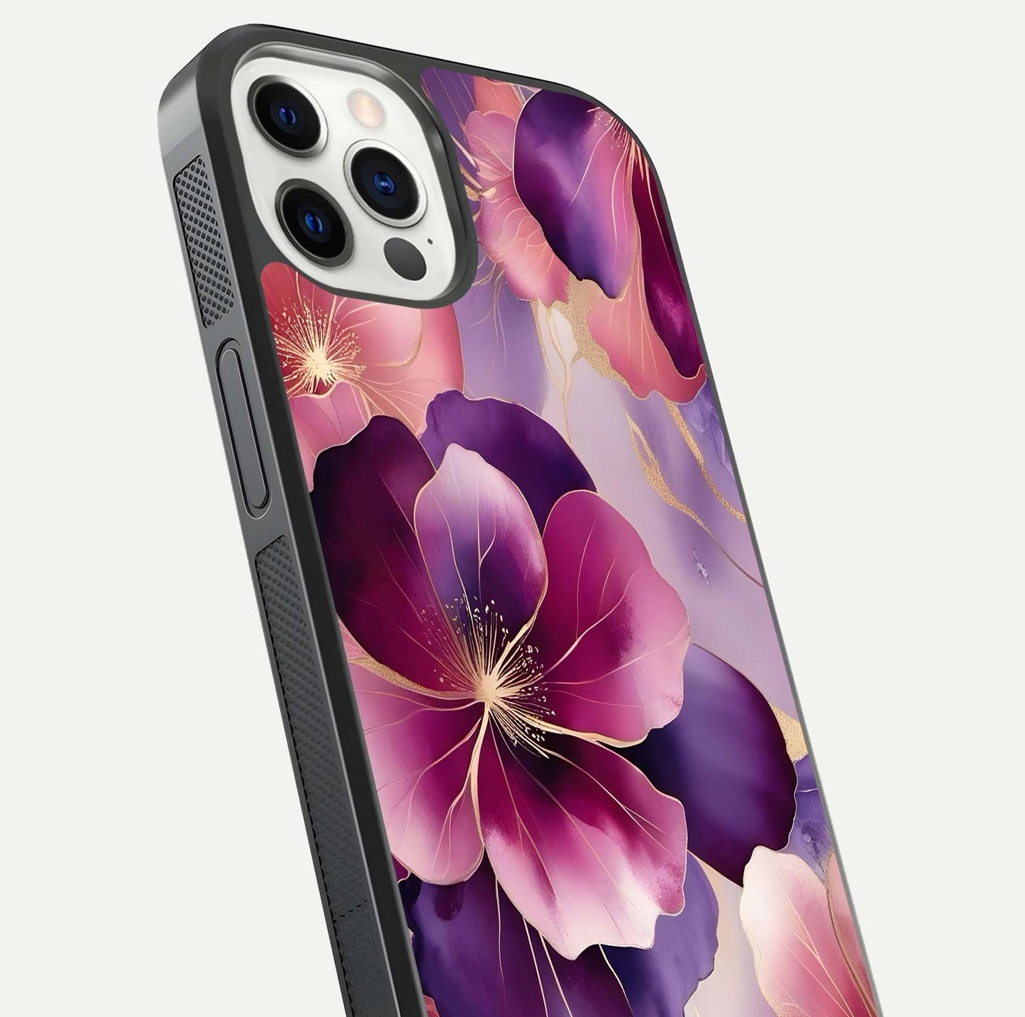 Pink Bouquet Florals Glass Case for iPhone 12 Pro close-up angled shot showing bouquet details and reflection