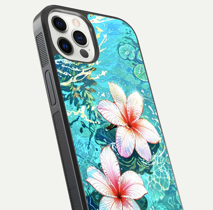 Pink Flowers in Water Glass Case for iPhone 12 Pro close-up angled shot highlighting water ripple and reflection