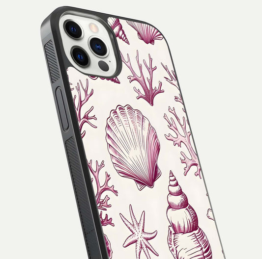 Pink Shells Outline Glass Case for iPhone 12 Pro close-up angled shot showing fine shell lines and reflection