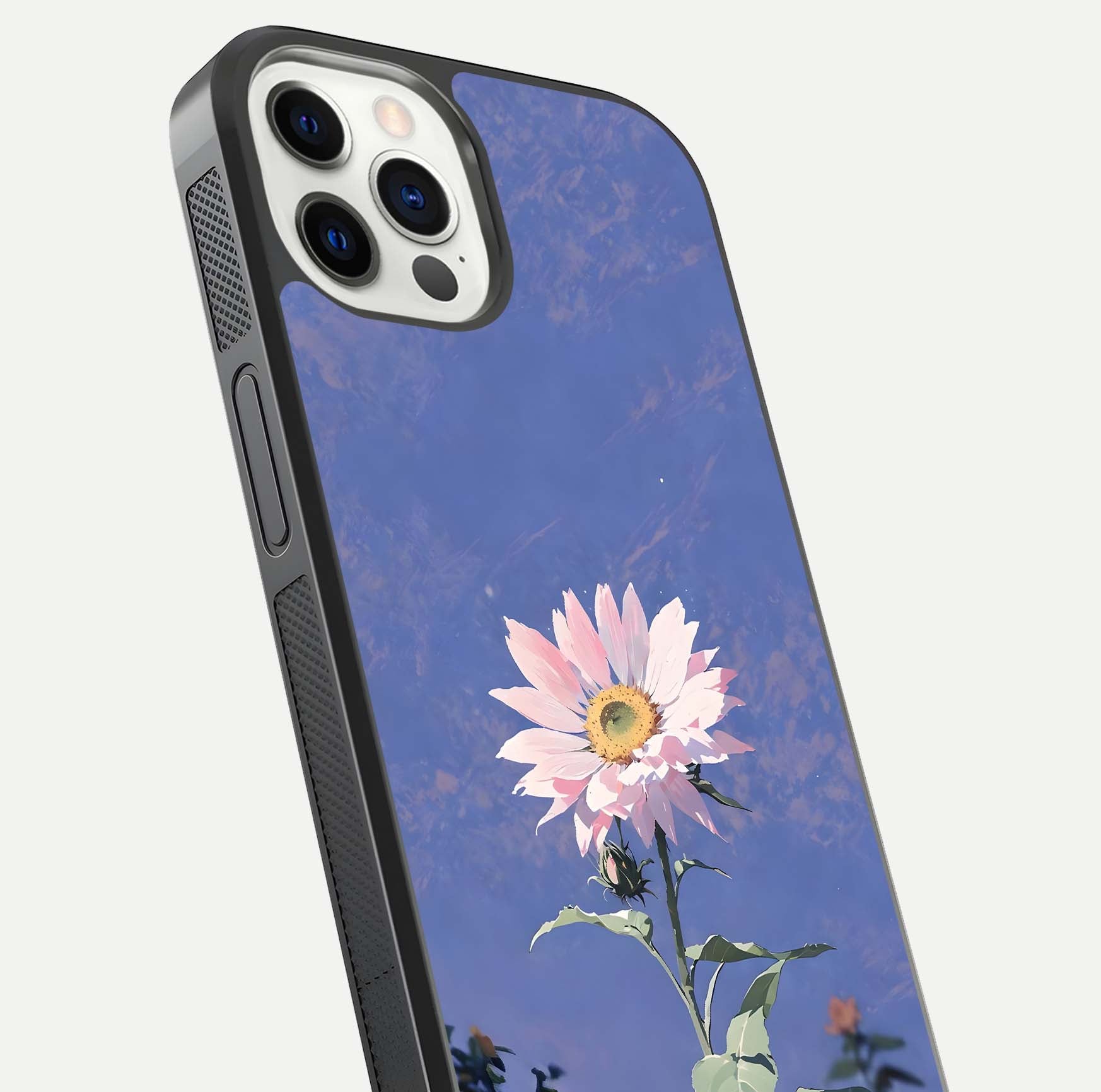 Pink Sunflower Glow Glass Case for iPhone 12 Pro close-up angled shot highlighting petal texture and reflection