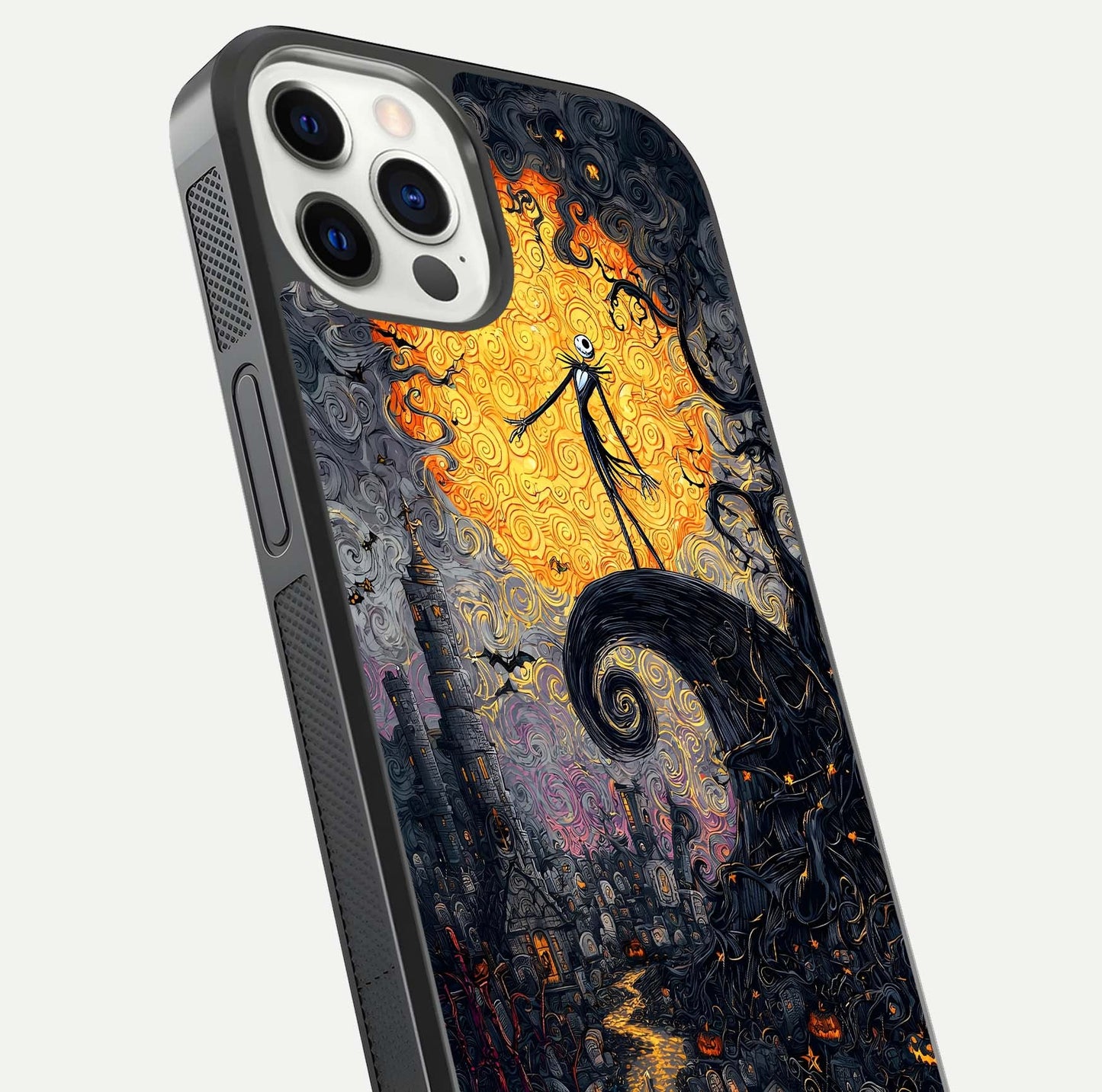 Pumpkin Moon Night Glass Case for iPhone 12 Pro close-up angled shot showing moon reflection and Halloween glow