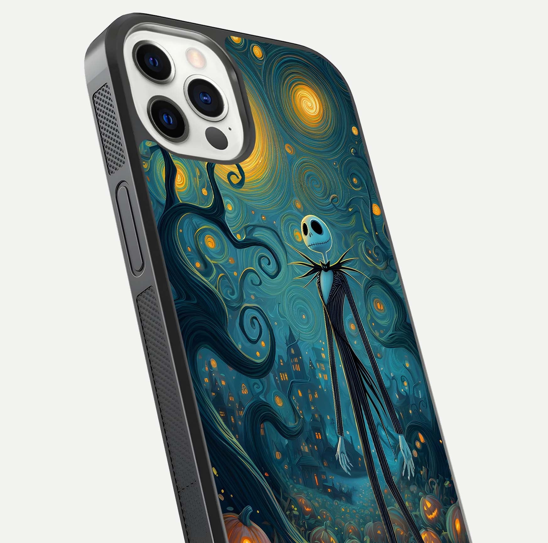 Pumpkin Moonlight Tale Glass Case for iPhone 12 Pro close-up angled shot highlighting reflection and vibrant glow