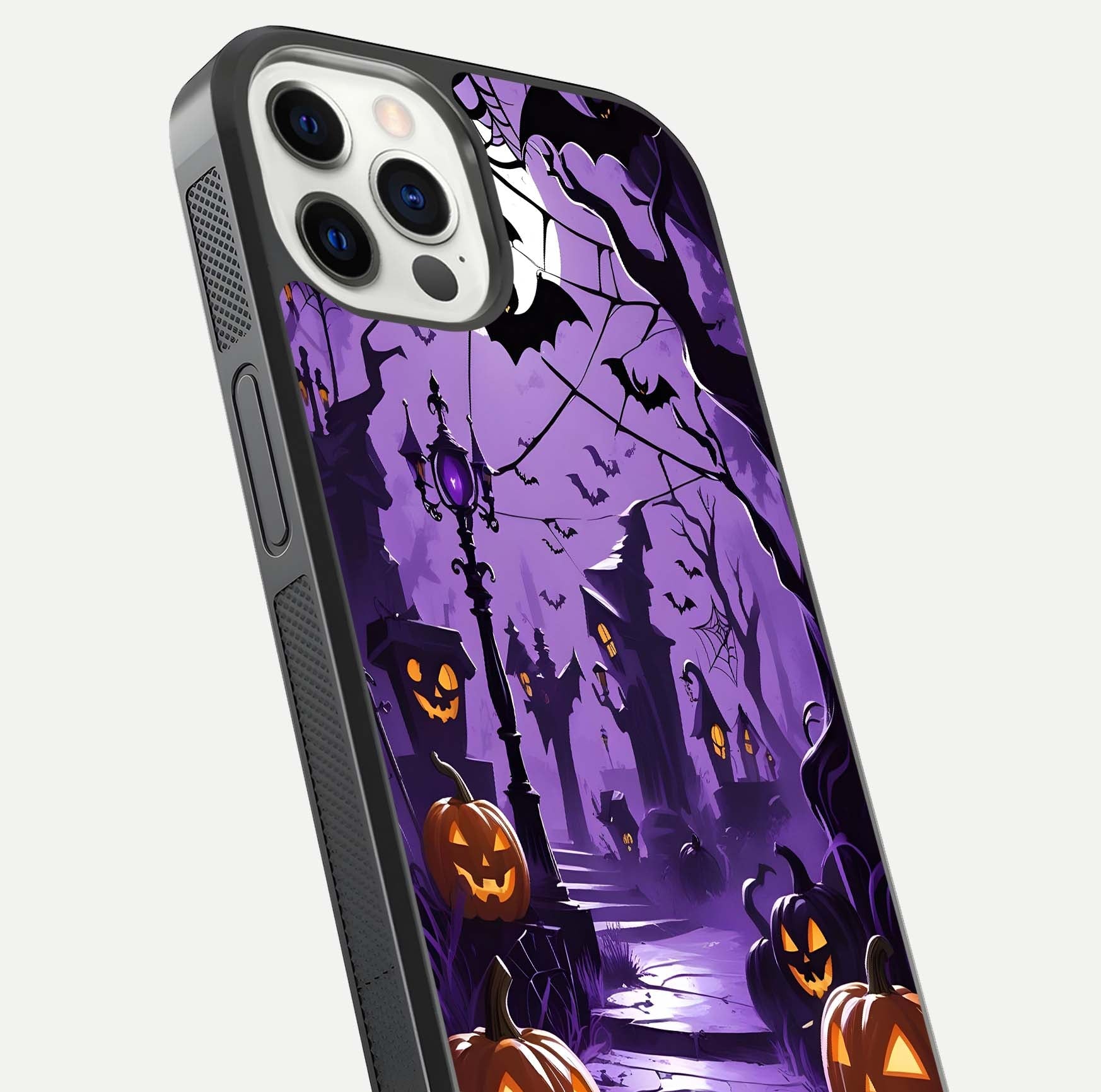 Pumpkin Patch Halloween Glass Case for iPhone 12 Pro close-up angled shot highlighting pumpkin texture and shine