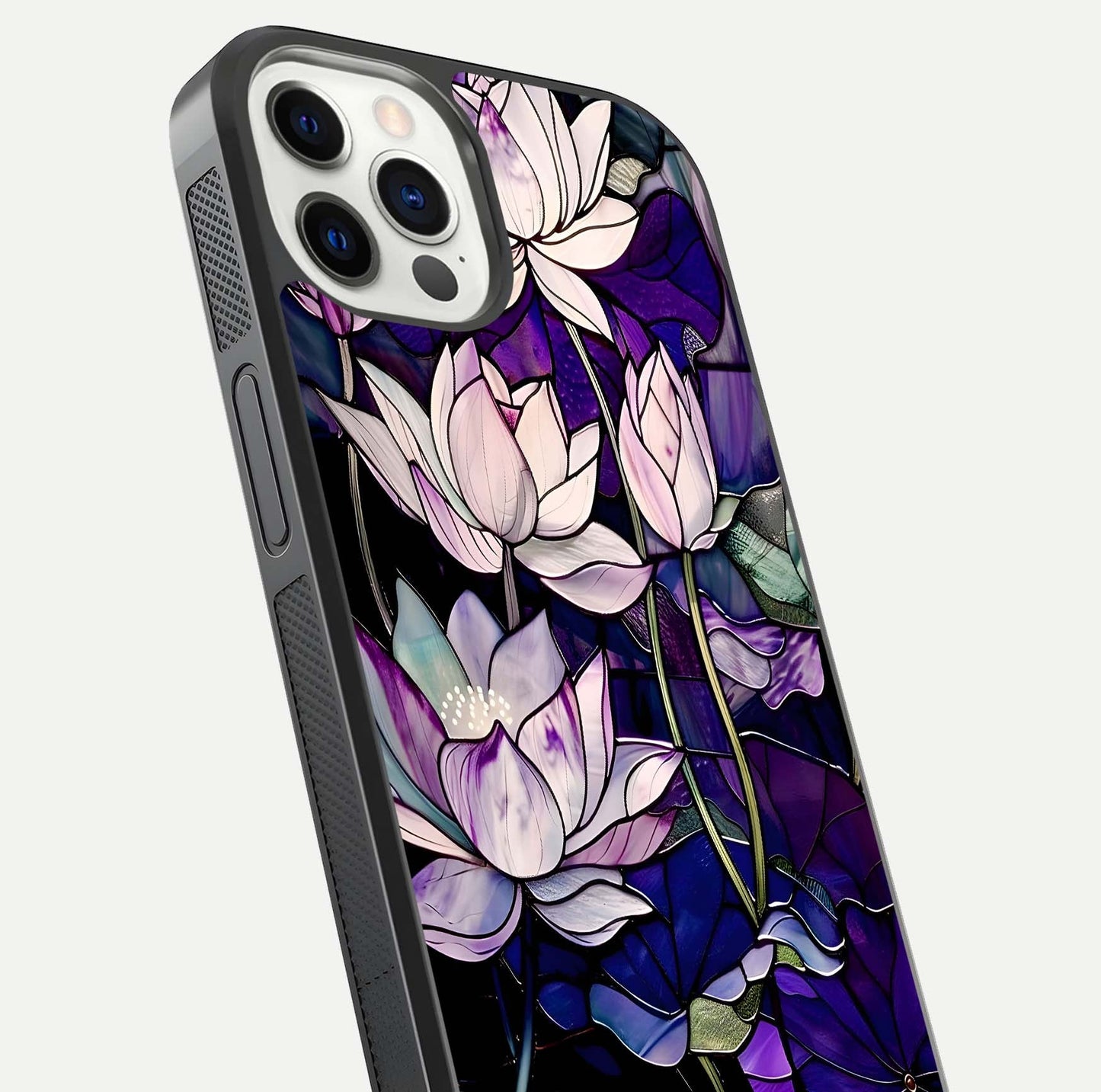 Purple Lotus Pattern Glass Case for iPhone 12 Pro close-up angled shot showing petal texture and HD reflection