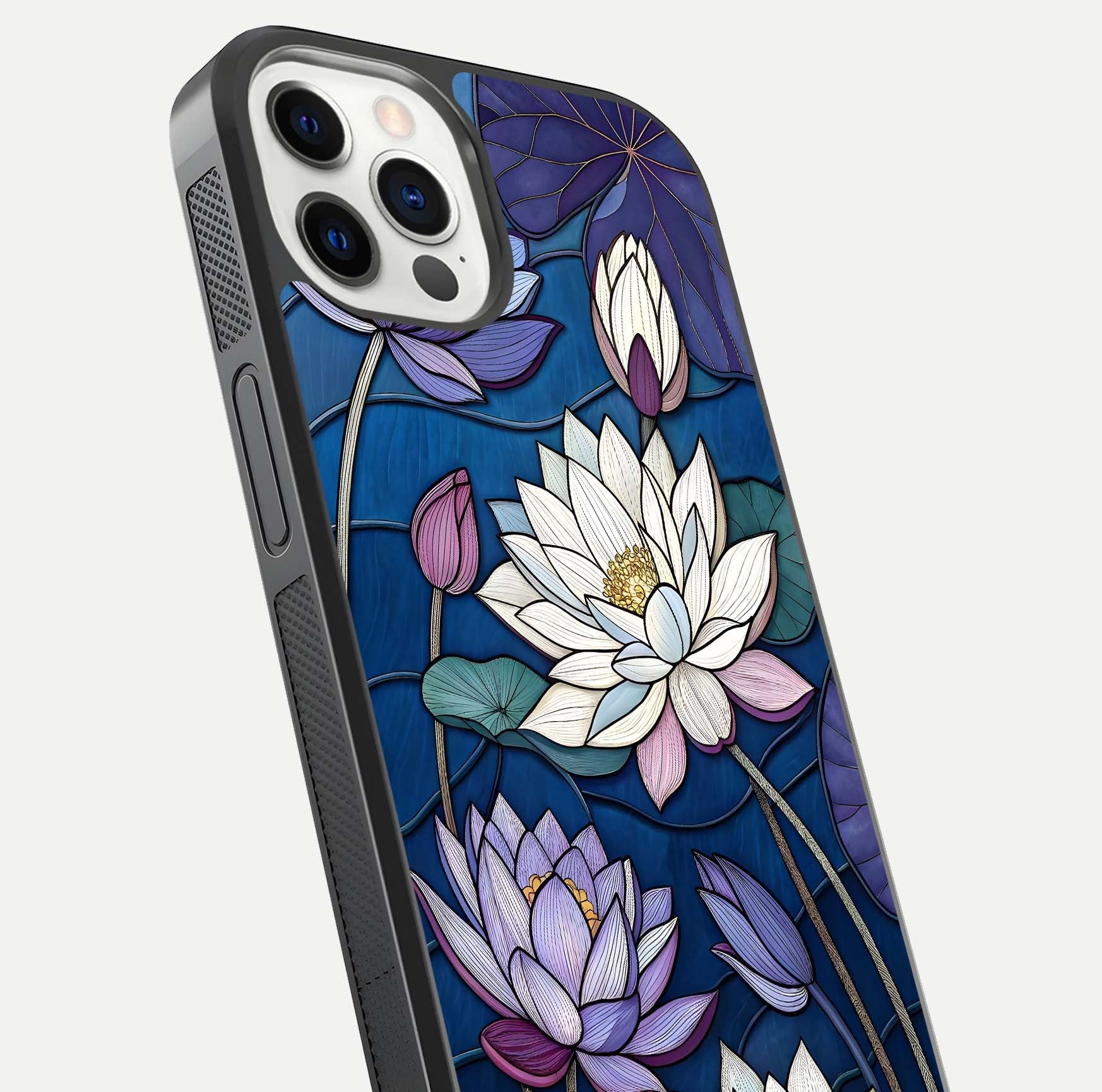 Purple Lotus Stained Glass Case for iPhone 12 Pro close-up angled shot highlighting glass pattern and reflection