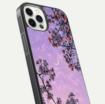 Purple Serenity Moon Glass Case for iPhone 12 Pro close-up angled shot showing reflection and gradient purple hues
